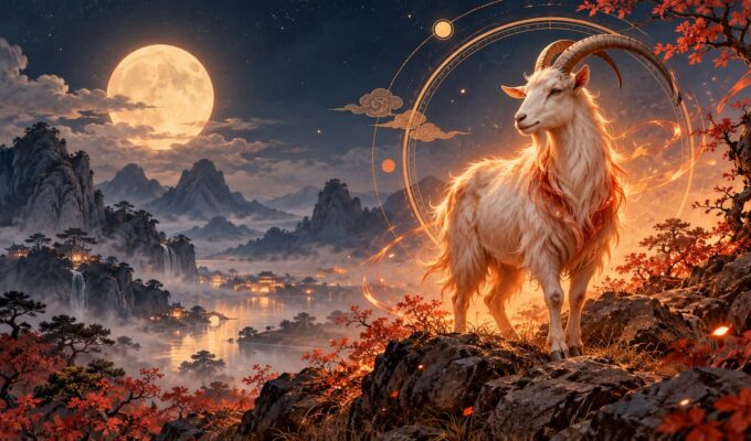 Cabra de Fuego Yin en un paisaje inspirado en el horóscopo chino 2027