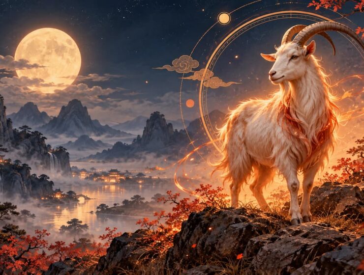 Cabra de Fuego Yin en un paisaje inspirado en el horóscopo chino 2027