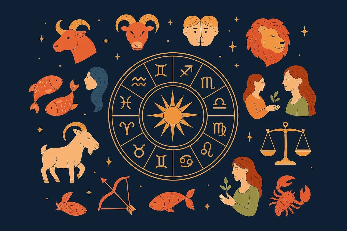 Ilustración moderna de los signos zodiacales en un círculo astral sobre un cielo estrellado.