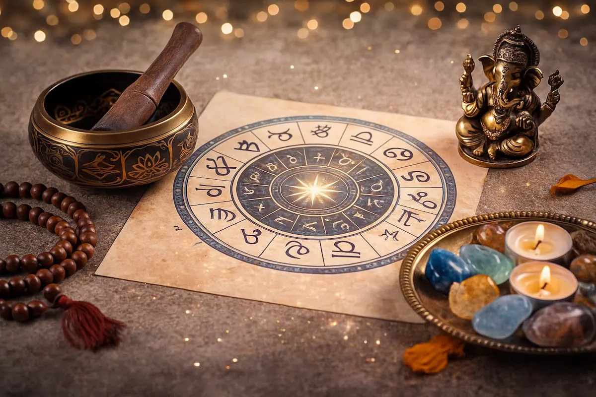 Objetos simbólicos de la cultura hindú sobre una superficie iluminada, usados en prácticas espirituales y astrología védica.