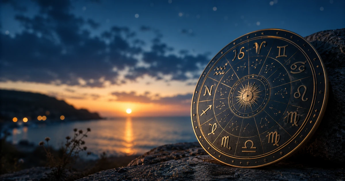 Rueda del zodiaco frente al mar al atardecer, representando las predicciones astrológicas de junio de 2026