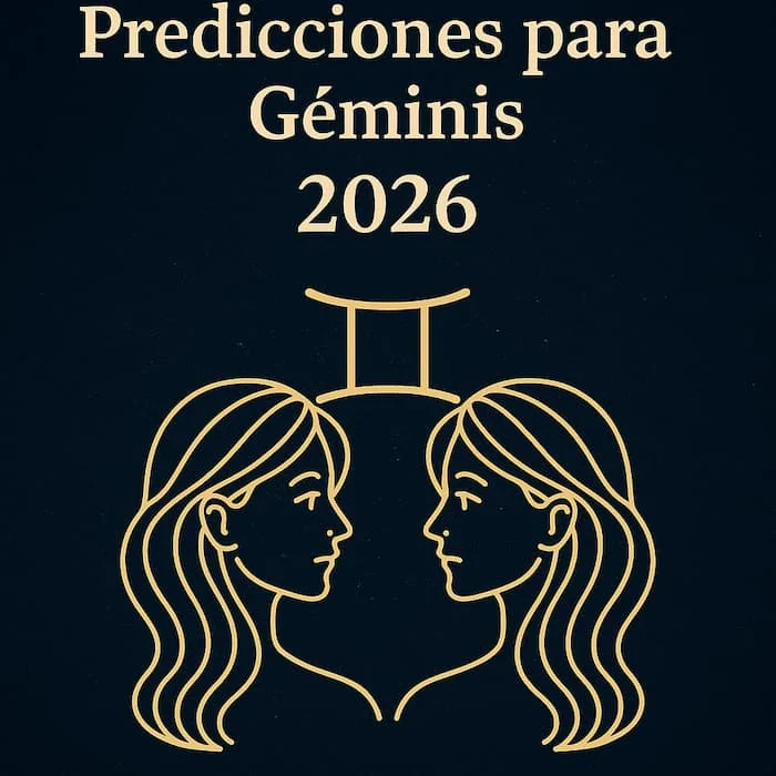 Imagen astrológica moderna que representa el signo Géminis 2026 con tonos azules, plateados y elementos cósmicos.