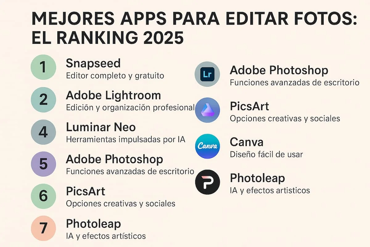Ranking 2026: Las 7 Mejores Aplicaciones para Editar Fotos. Infografía del ranking 2025 con las mejores apps para editar fotos, incluyendo Snapseed, Adobe Lightroom, PicsArt y Photoleap.