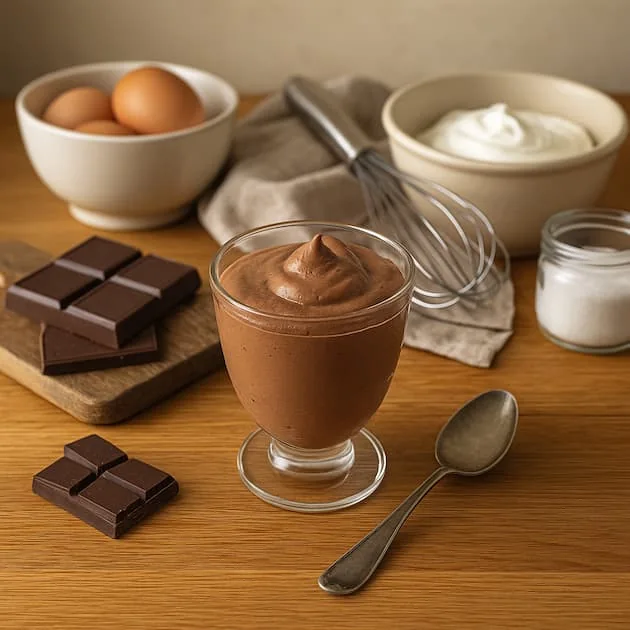 Mousse de chocolate casero con ingredientes en mesa de cocina Mousse de chocolate casero en vaso con ingredientes alrededor