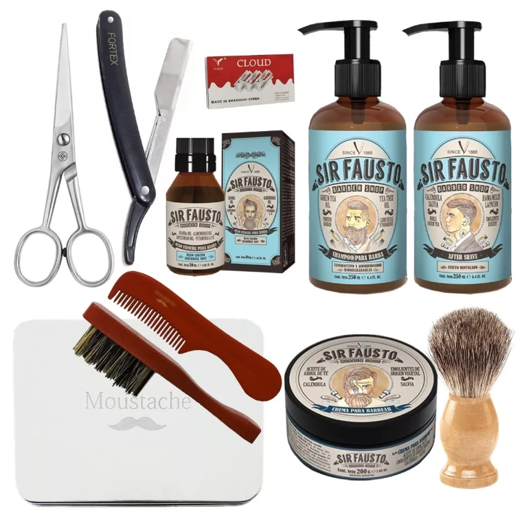 Fotografía que muestra los elementos esenciales para mantener una barba prolija: recortadora, tijeras, peine y productos de cuidado