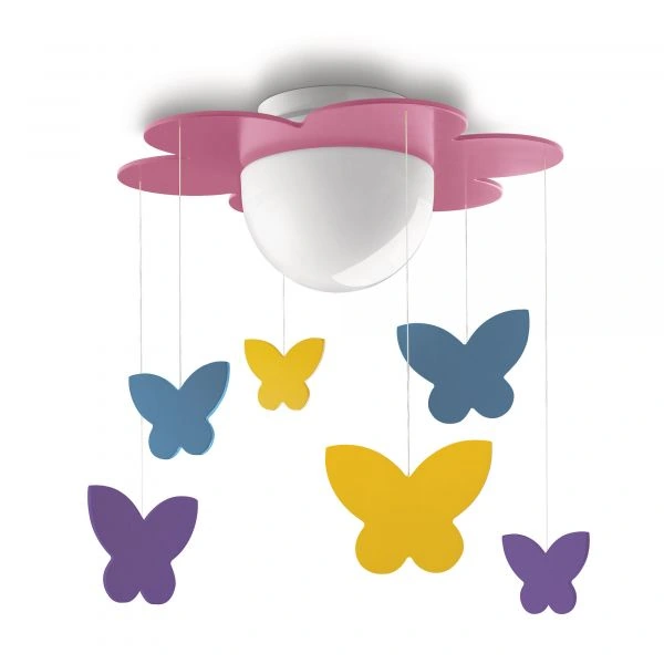 Lámpara de techo rosa con mariposas colgantes de madera