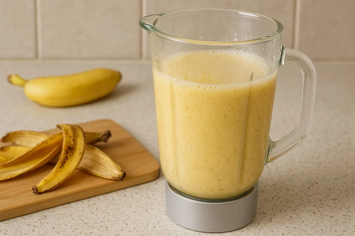 Licuadora de vidrio con un licuado casero de cáscaras de banana listo para usar como fertilizante natural.