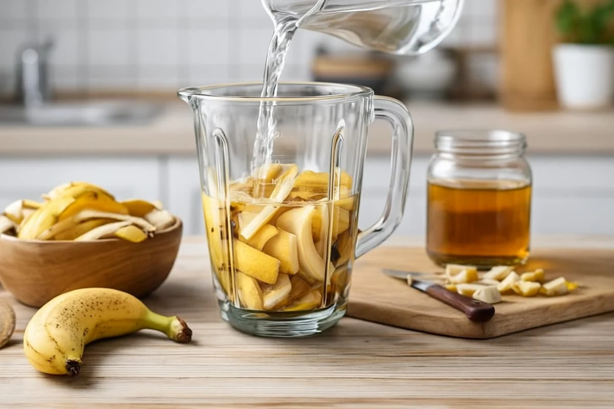Cáscaras de banana frescas junto a una licuadora en una cocina, listas para preparar un licuado natural para plantas.