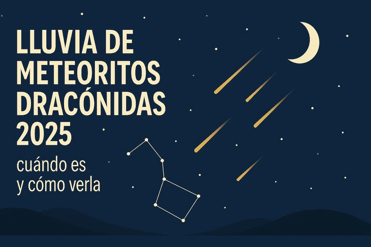 Ilustración de cielo nocturno con meteoros dorados y luna creciente, representando la lluvia de meteoritos Dracónidas 2025.