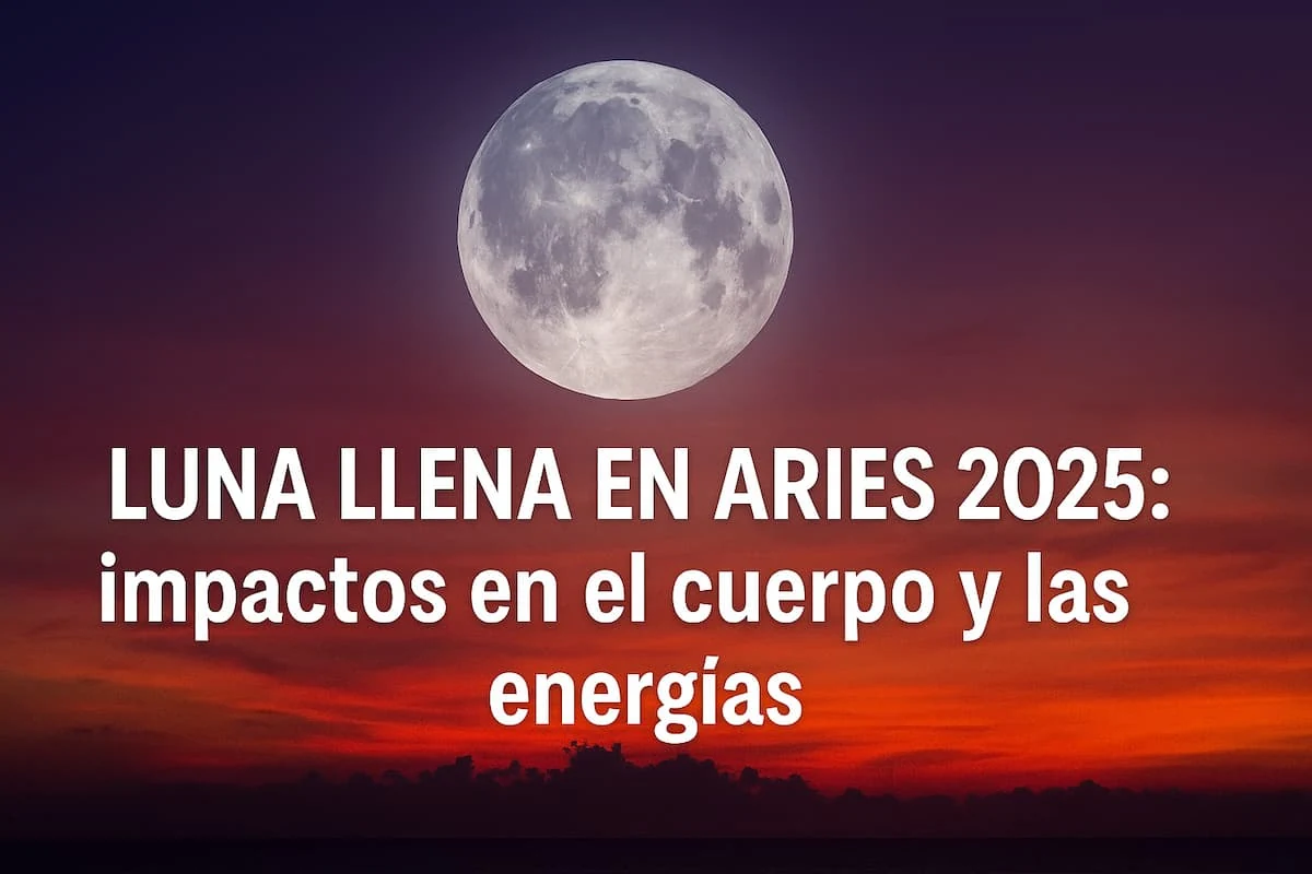 Ilustración mística de la Luna Llena en Aries 2025 con símbolo de Aries en tonos rojos y dorados.