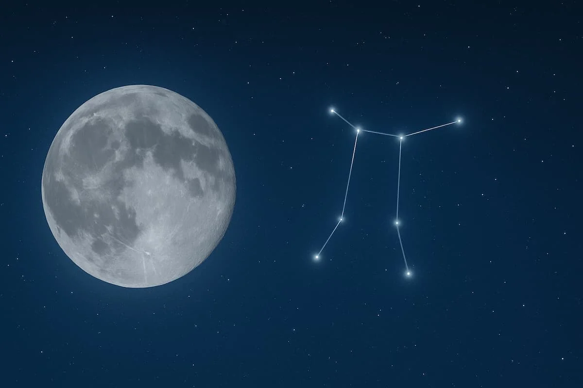 Luna Llena junto a la constelación de Géminis resaltada en el cielo nocturno.