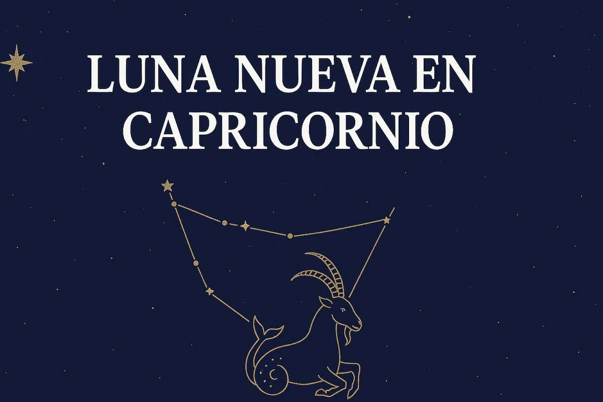 Ilustración de la Luna Nueva en Capricornio con constelación y símbolo del signo.