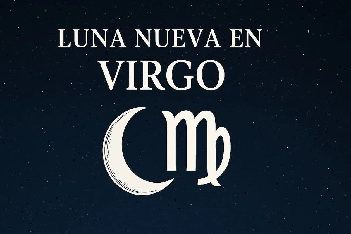Luna Nueva en Virgo con símbolo zodiacal sobre un cielo nocturno estrellado.