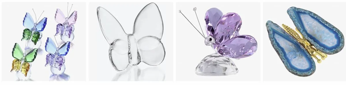 Elige el Color y su Significado Espiritual Collage con diferentes tipos de mariposas de cristal para regalar, mostrando varios colores y materiales como el ágata, que influyen en su significado espiritual.