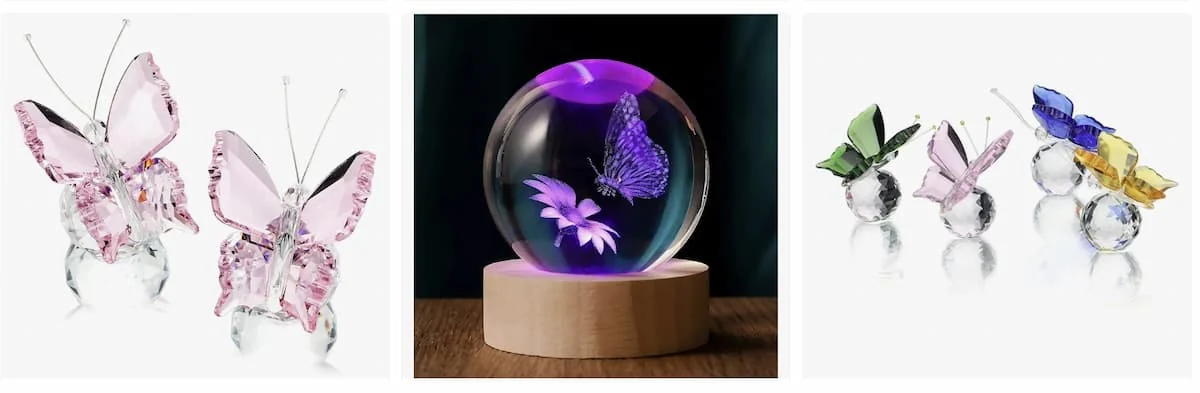 Ideas de Regalos Modernos y Espirituales Collage con ideas de regalos modernos de mariposas de cristal, como figuras facetadas y una lámpara de esfera, que añaden un significado especial al obsequio.