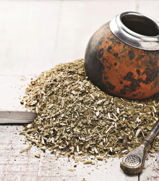Mate de calabaza vacío apoyado sobre yerba mate desparramada con bombilla metálica.