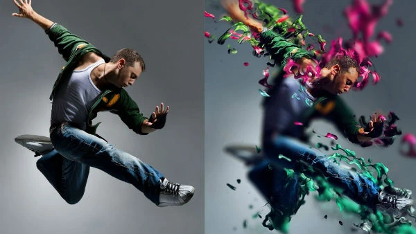 Efectos Creativos y Artísticos con la App PicsArt Comparativa de una foto de un bailarín antes y después de aplicar un efecto de dispersión creativa con la app PicsArt.