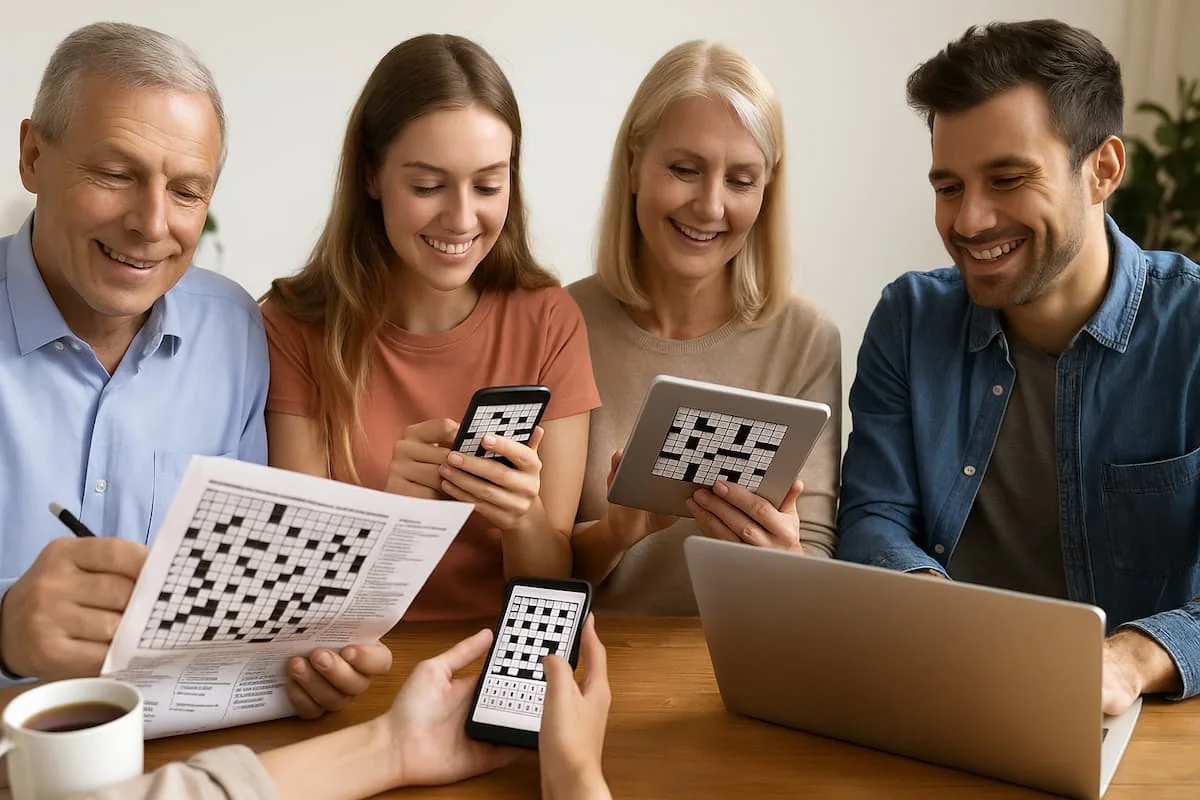 Personas de distintas edades resolviendo crucigramas en línea en laptop, tablet y móvil