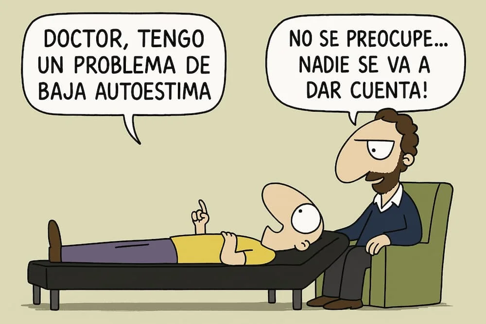 Meme divertido de psicólogo y paciente sobre baja autoestima con respuesta irónica