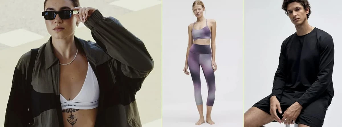 Tendencias de ropa deportiva para mujer y hombre: look athleisure, conjunto de yoga y equipo de entrenamiento.
