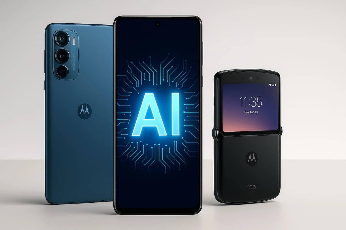 Smartphones Motorola con funciones de inteligencia artificial en 2025, incluyendo modelos Edge, Razr y Moto G sobre fondo neutro.