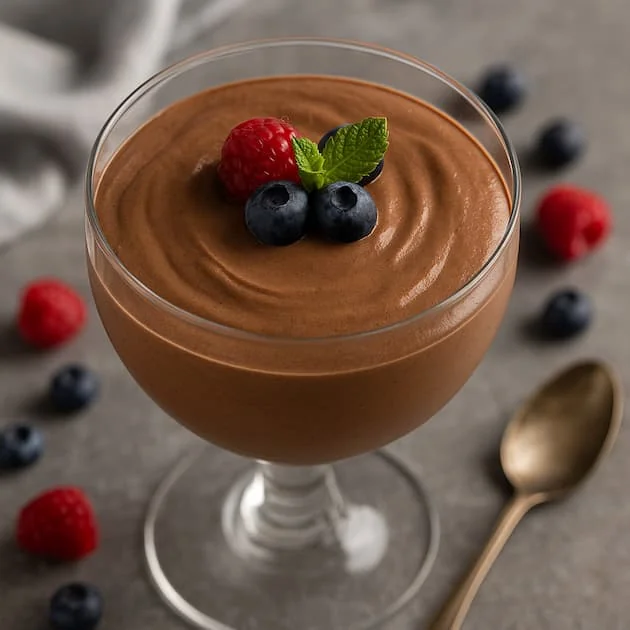 Receta de mousse de chocolate, rápida y fácil Copa de mousse de chocolate casera con decoración de frutos rojos y hojita de menta