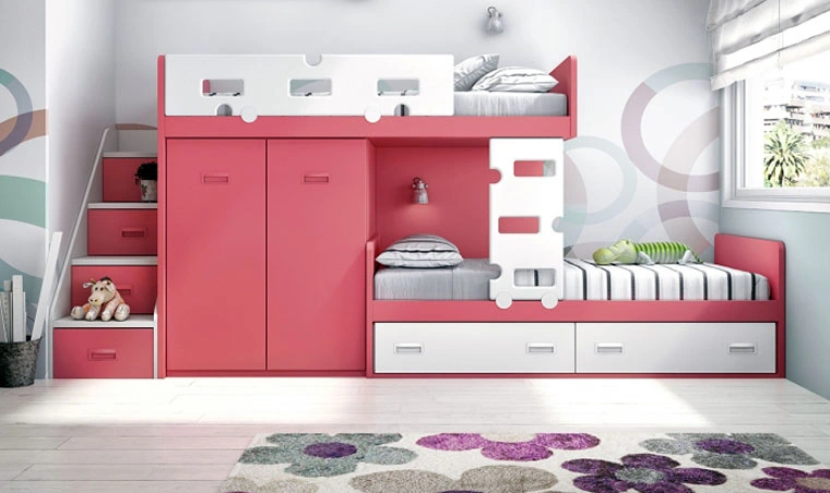 Litera roja para dos niños con escalera y cajonera