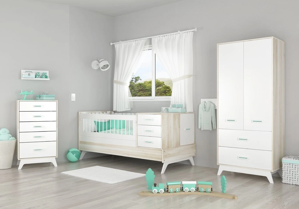 Conjunto completo de muebles para bebé estilo nórdico, con cuna convertible, armario y cómoda en madera y blanco con detalles en color menta.