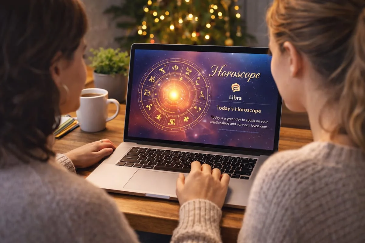dos mujeres mirando el horóscopo en una computadora portátil