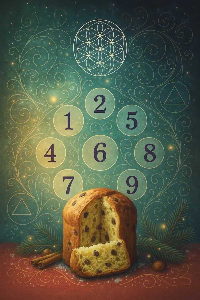 Ilustración digital sobre numerología con los números del 1 al 9 en círculos, acompañados de símbolos cósmicos y geometría sagrada.