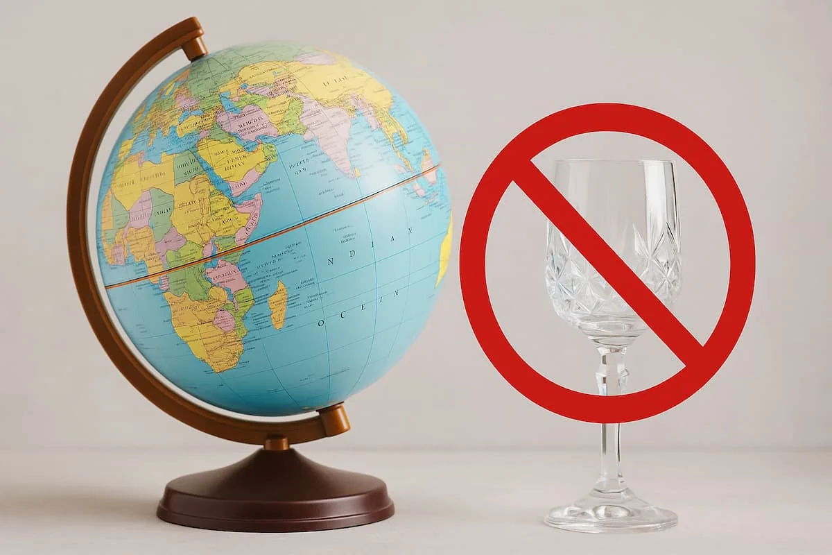 Globo terráqueo junto a una copa marcada con el símbolo de prohibido, representando países donde no se permite beber alcohol al viajar.