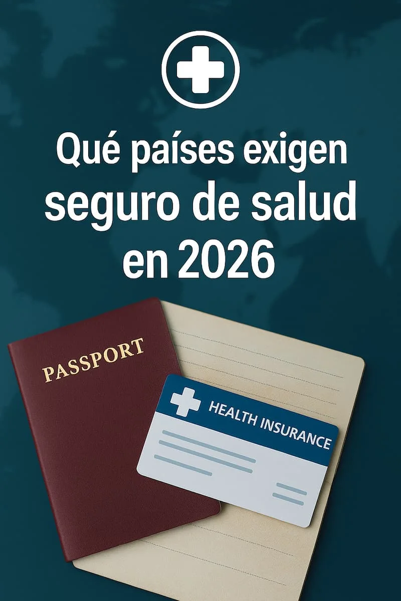 Pin vertical con pasaporte, tarjeta de seguro médico y mapa de fondo que representa los países que exigen seguro de salud obligatorio en 2026.