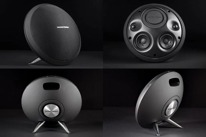 Parlante Harman Kardon con diseño circular y sonido envolvente, uno de los mejores modelos 2025.