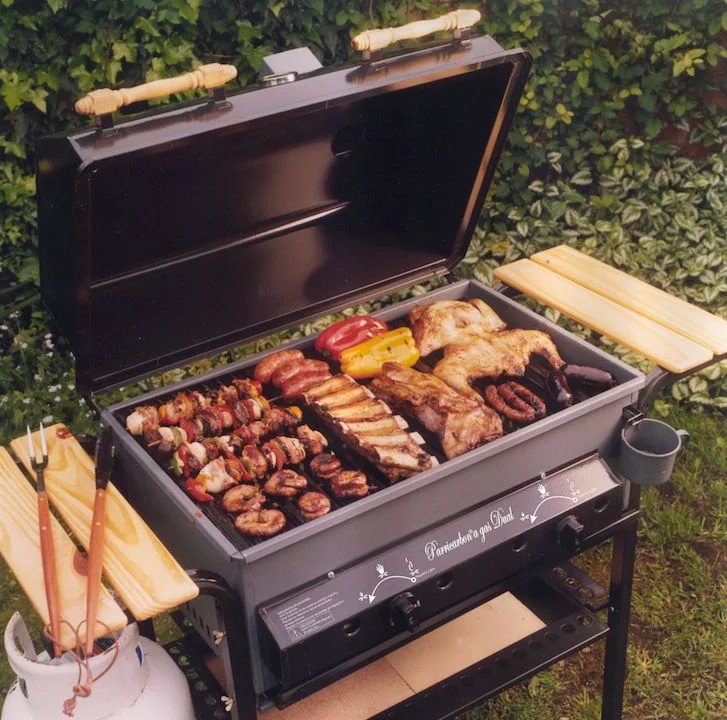 ¿Gas o carbón? ¡Ya no tienes que elegir! Parrilla híbrida de gas y carbón llena de una parrillada completa con costillas, pollo, brochetas y chorizos en un jardín.