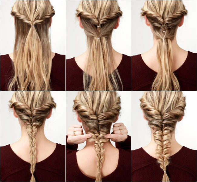 Collage de seis pasos paso a paso para hacer una trenza de espiga en la nuca