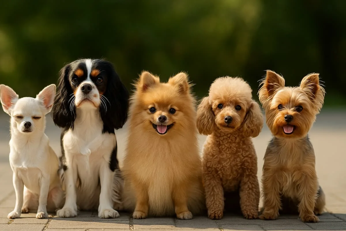 Grupo de perros pequeños de diferentes razas sentados juntos al aire libre.