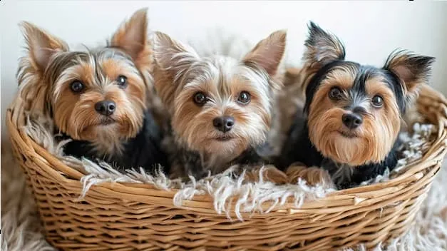 Tres perros Yorkshire Terrier dentro de una canasta de mimbre con manta.