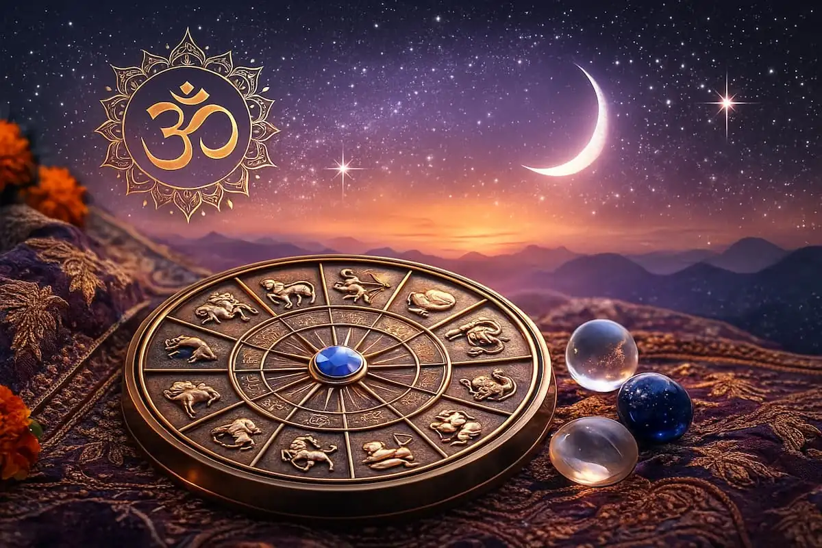 Ilustración astrológica hindú con mandalas, símbolos sagrados y elementos cósmicos en tonos cálidos.