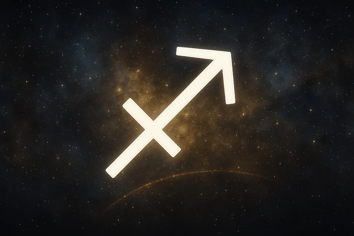 Símbolo del signo Sagitario iluminado sobre un fondo de estrellas y constelaciones.