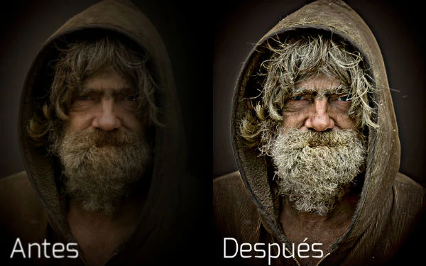 Filtros Artísticos de Prisma para Transformar tus Fotos Comparativa de antes y después de un retrato de un hombre editado con un filtro artístico que aumenta dramáticamente el contraste y la nitidez.