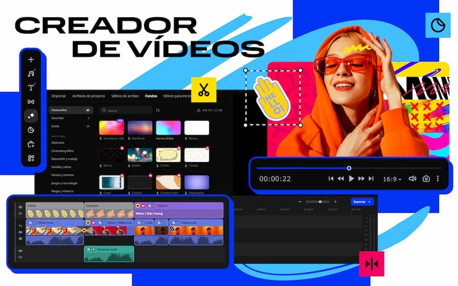 Movavi Photo Editor: Edición de Fotos y Videos con IA. Gráfica promocional de la suite creativa de Movavi, mostrando la interfaz de su creador de videos con herramientas de IA.