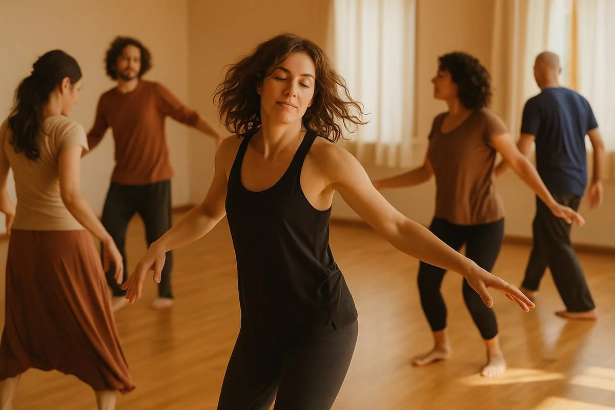 Personas bailando libremente en un estudio con luz cálida, representando la práctica de los 5 Ritmos.