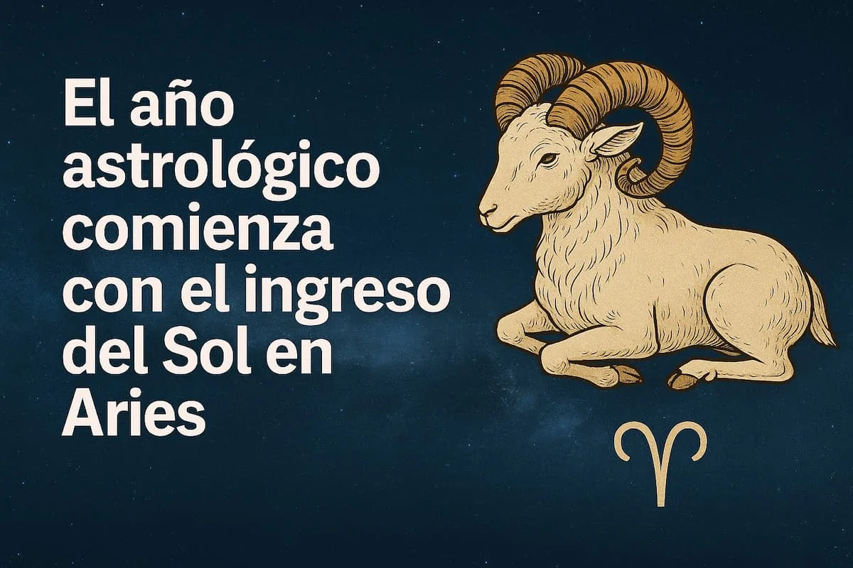 Imagen del signo Aries como símbolo del inicio del año astrológico, con fondo celeste oscuro y mensaje sobre el significado energético de este nuevo ciclo zodiacal. Ideal para contenidos de astrología y bienestar. Ilustración de un carnero dorado representando a Aries sobre un cielo estrellado, con texto que dice “El año astrológico comienza con el ingreso del Sol en Aries”.
