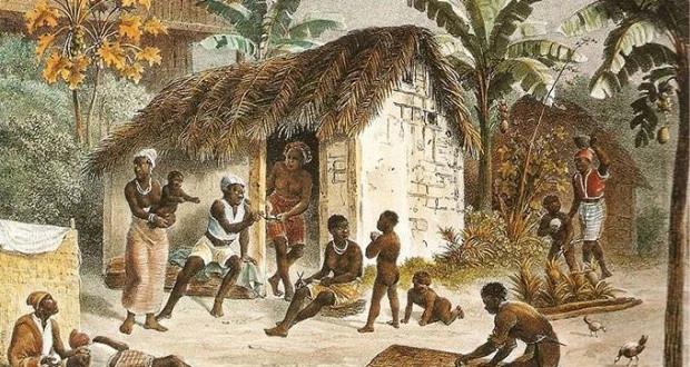Los aborígenes también usaban la palabra quilombo en Brasil. pintura de aborígenes en chozas en lugares tropicales