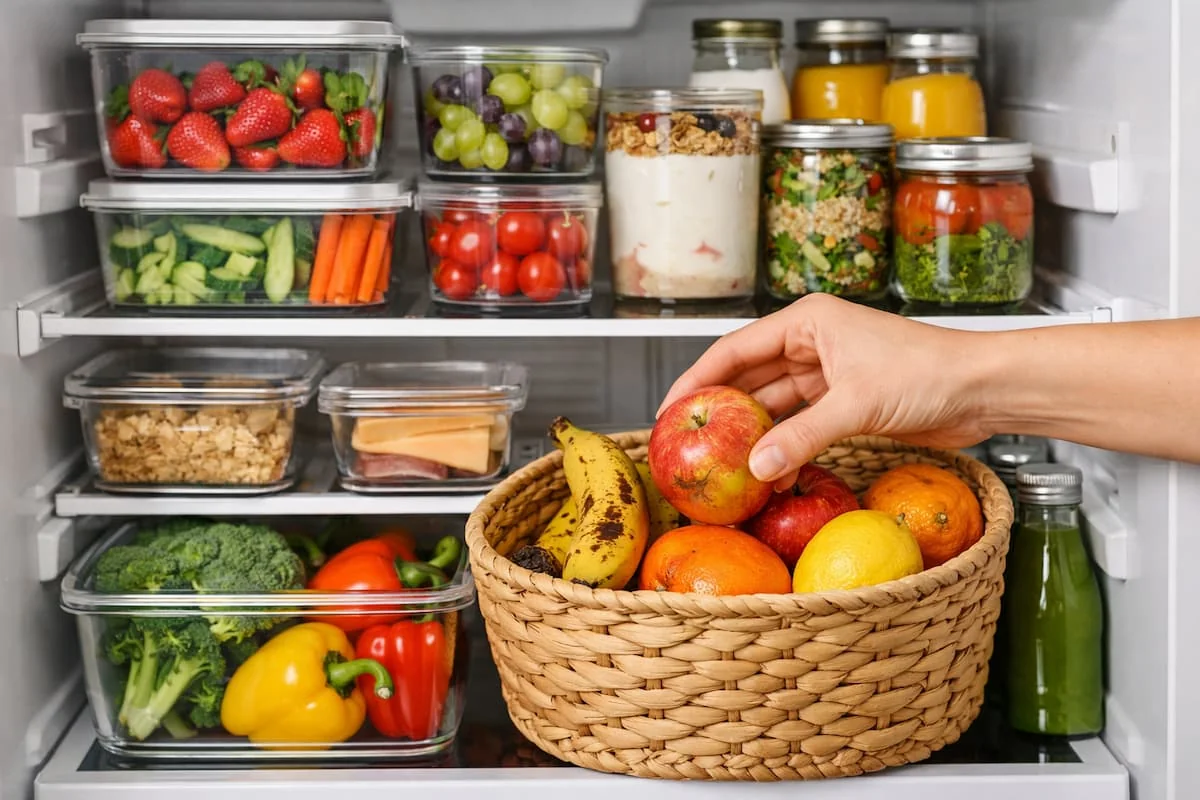 Refrigerador organizado con alimentos frescos y recipientes de vidrio para evitar el desperdicio de comida.