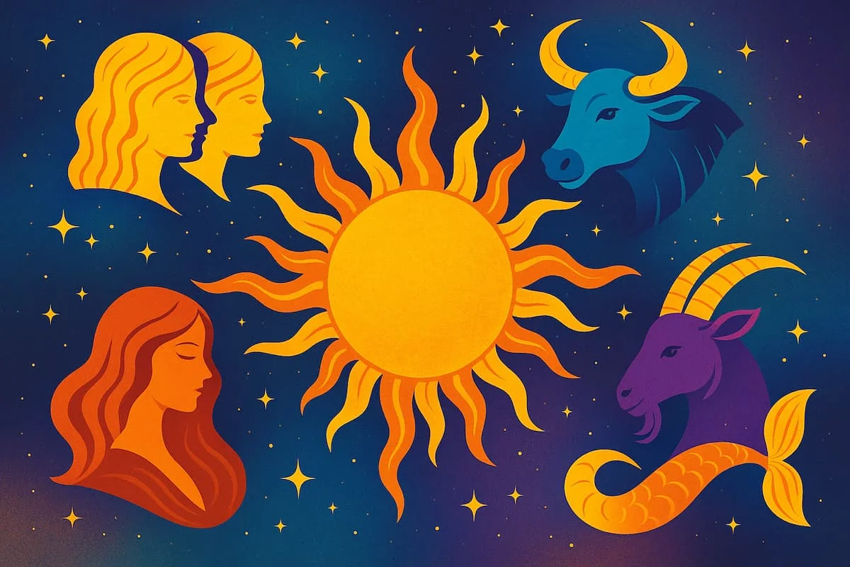 Ilustración colorida del zodiaco occidental con el sol y signos afortunados del 2026, rodeados de estrellas y constelaciones.