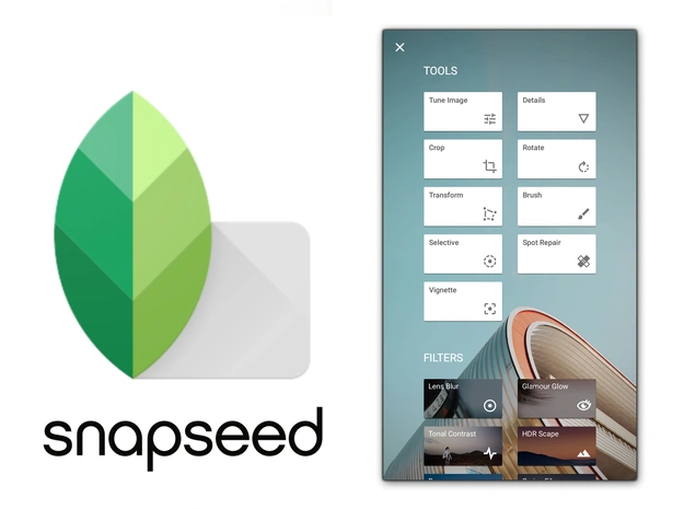 Snapseed - Editor de fotos profesional gratuito de Google Interfaz de la aplicación Snapseed mostrando herramientas de edición profesional de fotos