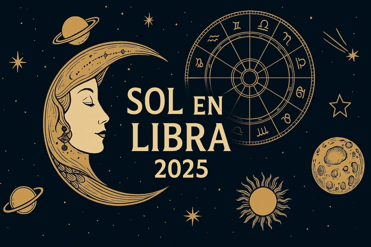 Ilustración astrológica con rueda zodiacal, luna y planetas, acompañada del texto “Sol en Libra 2025”.