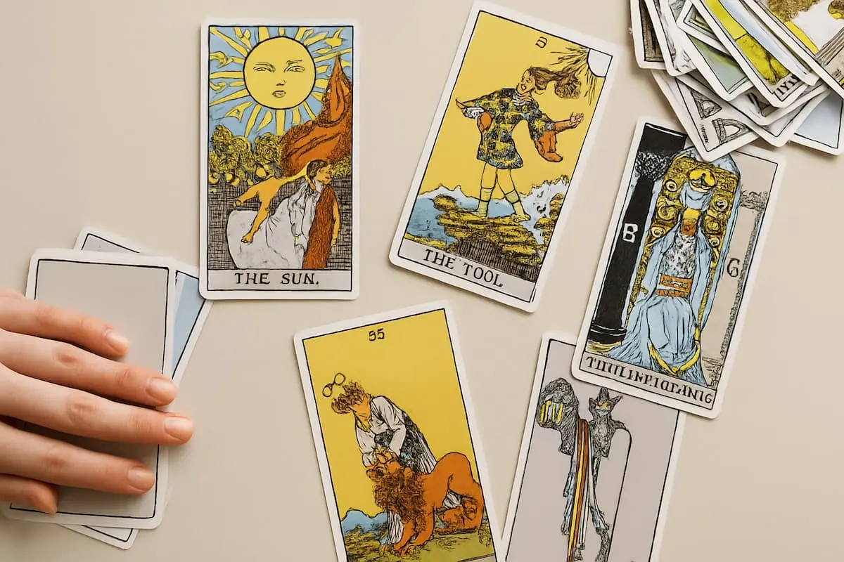Tarotista preparando una lectura con cartas del tarot sobre fondo beige