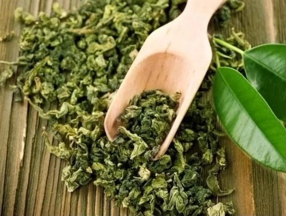 Hojas de té verde oolong secas con cuchara de madera